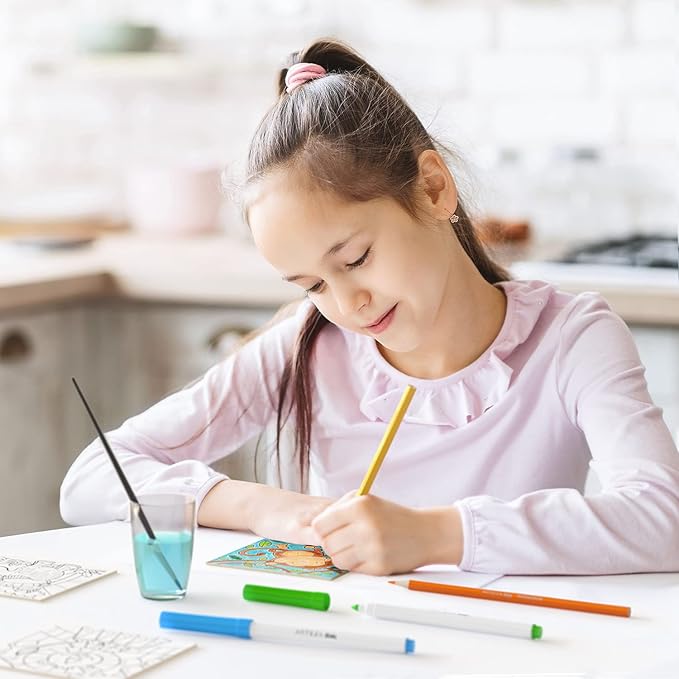 Arteza Kids Fantasy Coloring Kit, 3 Canvases 4 x 4 Inches, 10 Markers, 16 Watercolor Pencils, 1 Paint Brush, 1 Sharpener, Art Set for Kids Activities