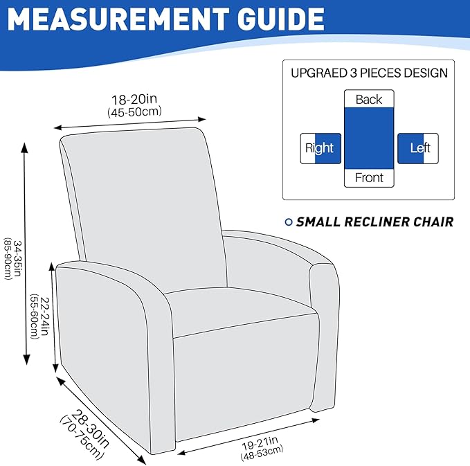 MAXIJIN Waterproof Small Recliner Chair Covers 3 Pieces Recliner Cover That Stay in Place, Lazy Boy Recliner Slipcovers with Pockets Reclining Protector for Pet (Small Recliner, Navy Blue)