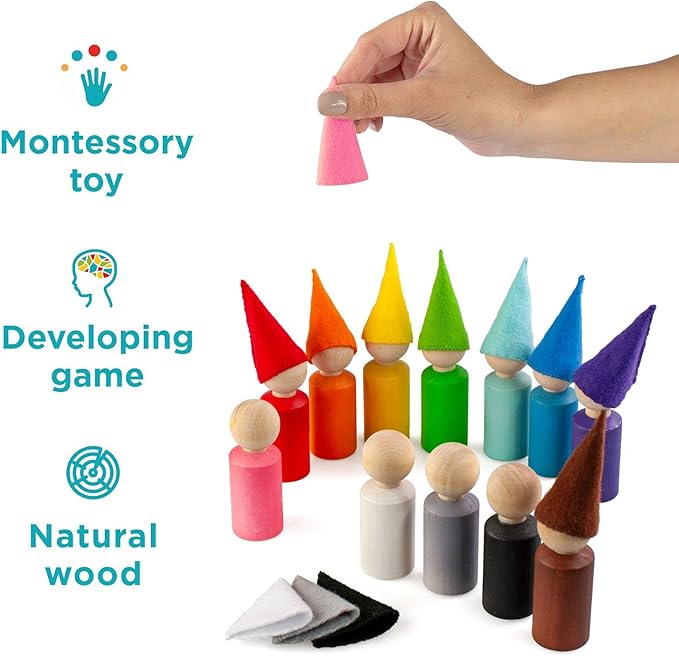 Ulanik Peg Dolls with Hats Toddler Montessori Toys for 3 Year Old + Kids Wooden Waldorf Dolls for Learning Color Sorting and Counting — 12 Gnomes, 2.36 in