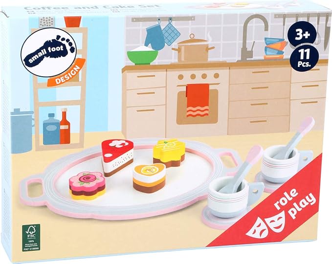small foot wooden toys Coffee and Cake 11 pcs. Playset for Two Cute Stuffed Animals, Perfect for Small Coffee Parties in The Children's Room or Garden Designed for Children Ages 3+, Multi