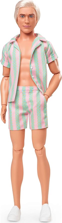 Barbie The Movie Ken Doll Wearing Pastel Pink and Green Striped Beach Matching Set with Surfboard and White Sneakers
