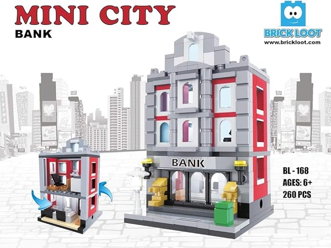 Brick Loot Bank Mini Brick City Set, Toy Building Blocks, Model Kit for Adults & Kids Age 6+, 100% Compatible with Lego & Major Brands, Play Bank Robbery and Other Games, Two Story Bank, 236 Pieces