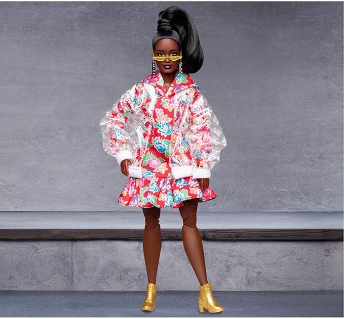 Barbie BMR1959 Fully Poseable Curvy Fashion Doll, Brunette, in Clear Vinyl Bomber Jacket and Floral Hoodie Dress, with Accessories and Doll Stand