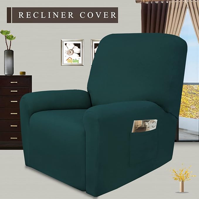 Easy-Going 4 Pieces Microfiber Stretch Recliner Slipcover – Spandex Soft Fitted Sofa Couch Cover, Washable Furniture Protector with Elastic Bottom for Kids, Pet(Recliner, Deep Teal)
