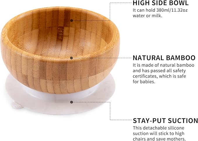Baby Bamboo Bowls with Suction and Matching Spoon Set, 3 Piece Feeding Supplies Set for Infant, Toddlers, Detachable Silicone Suction Stay Put Base for Wooden Bowl, Plate