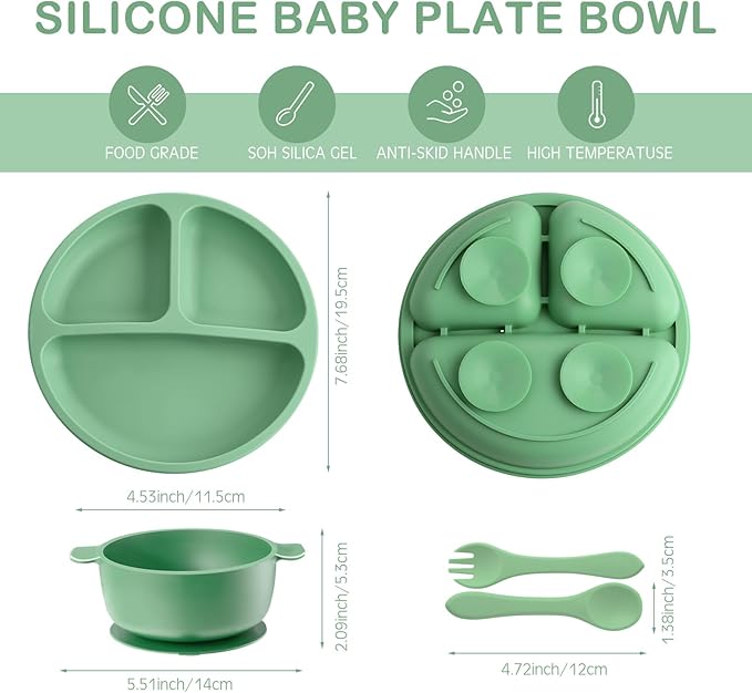 Dandat 24 Pcs Silicone Baby Feeding Set,6 Baby Toddler Suction Bowls 6 Divided Suction Plates with 6 Forks 6 Spoons, Utensils Set for Weaning Infant Feeding and Eating, 6 Styles(Vivid Color)