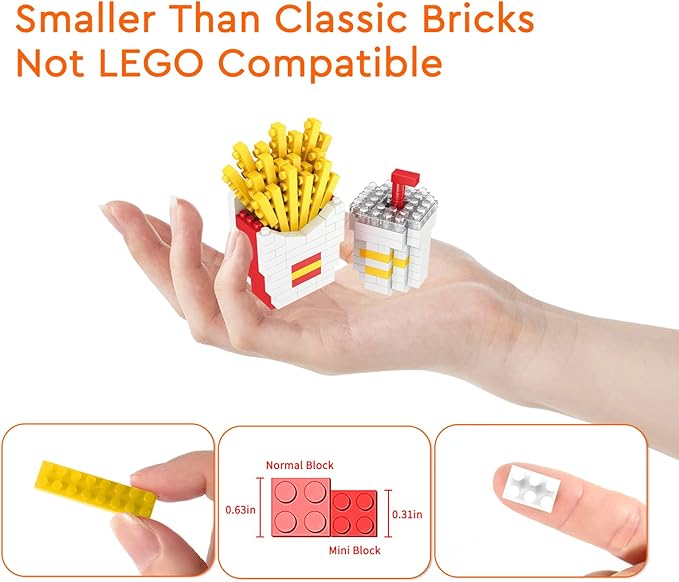 Mini Building Blocks Sets Toys City Fast Food 4 Packs for Kids, Micro Mini Blocks Bricks Kit for Party Favors Goodie Bags, Birthday Gifts Dessert Hamburger, French Fries, Cake, Popcorn