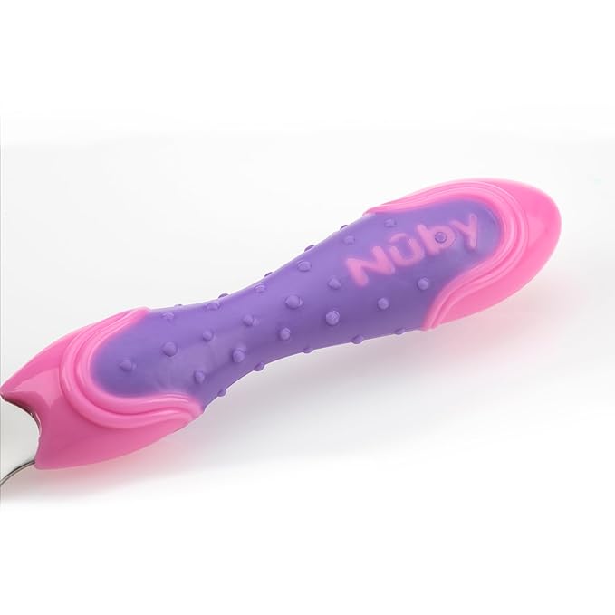 Nuby Stainless Steel Utensil, Pink/Purple, 2 Piece