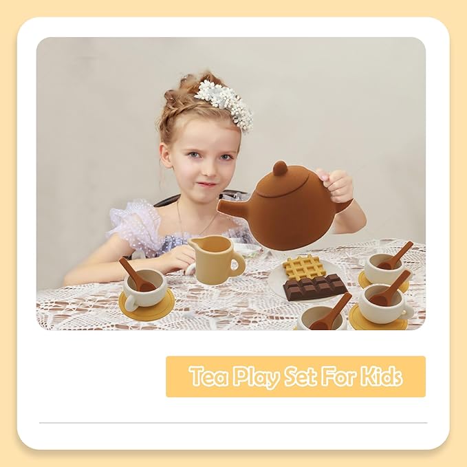 Silicone Tea Party Set, Silicone Tea Set for Kids with Play Food(Chocolate and Waffles), Pretend Play Kitchen Accessories(Brown)