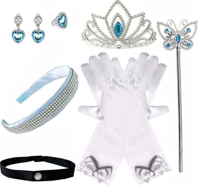 Princess Cinderella Costume Dress up Accessories for Girls Cinderella Gloves Tiara Crown Necklace Wand Halloween Cosplay Accessories Christmas Gifts Set (White Cinderella)