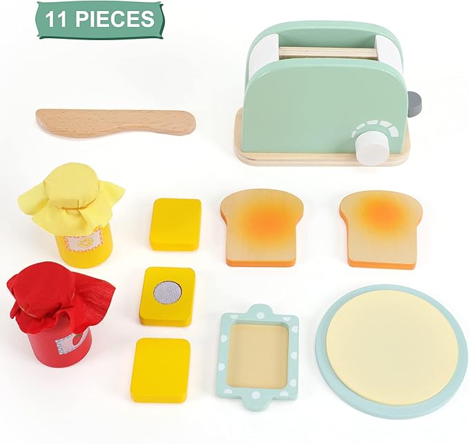 WHOHOLL Wooden Kitchen Toys, Pop-Up Toaster for Kids Play Kitchen, Bread Maker Toy Kitchen Appliances, Play Kitchen Accessories for Toddlers Early Learning, Pretend Play Food Sets for Girls and Boys