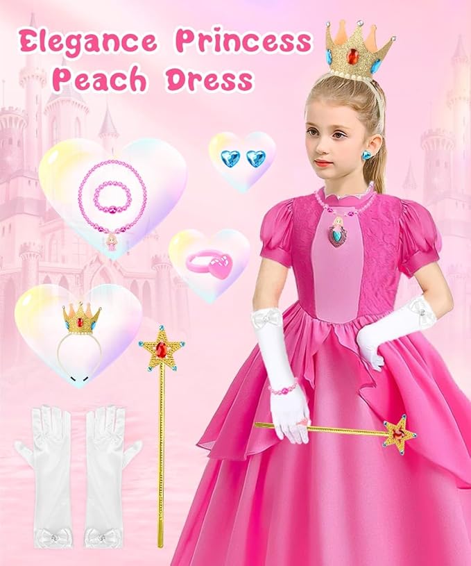 TOLOYE Princess Peach Costume for Girls,Princess Peach Dress with Accessories for Birthday Party Cosplay Halloween Christmas