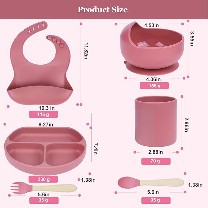 Silicone Baby Feeding Set|6 pcs Premium BPA-Free Baby Led Weaning Supplies with Suction Plates and Bowls Set,toddler self feeding Utensils with Spoons,Bibs,Cups|Baby feeding essentials for 6+ Months