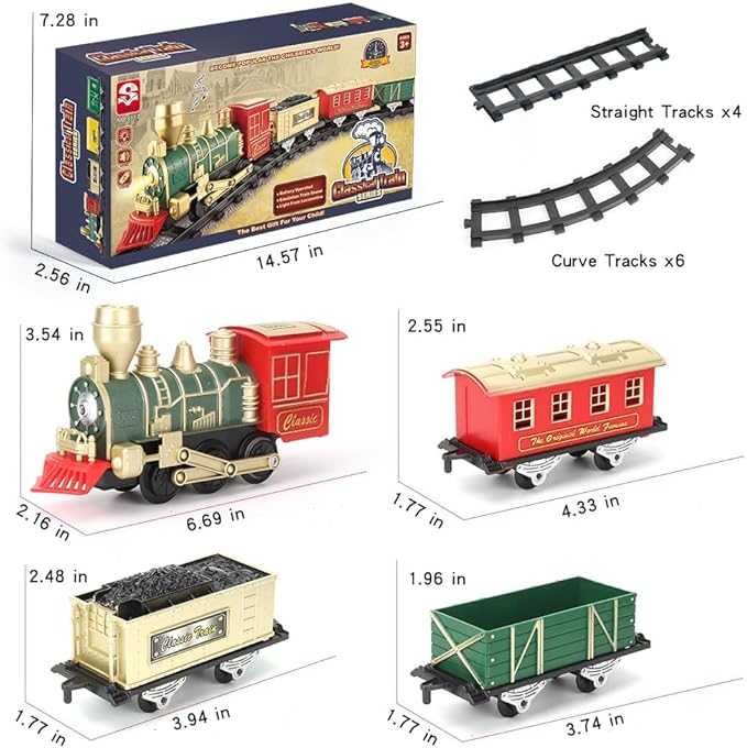 Train Set - Electric Train Toys, Toddler Train w/Light and Sounds (ON/Off), Classical Train Sets for Boys w/Locomotive, Carriages and Tracks, Christmas Toy Train Gifts for 3-10 Year Old Kids