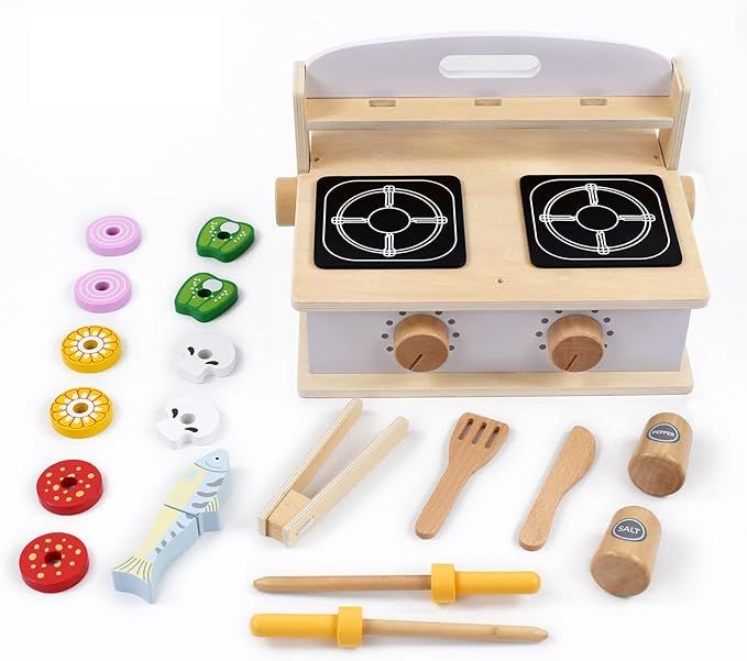 Children's Wooden Foldable Portable BBQ Mini Kitchen & Grill Toy,2In1 Kids Toy Grill Stove and Tablekitchen Cooking Set with Accessories for Toddlers Boys Girls Age 3+