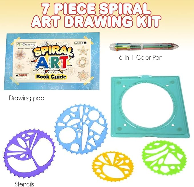 ArtCreativity Spiral Drawing Art Set for Kids - 7 Piece Kit - Includes 6-in-1 Color Pen, Drawing Templates and Sketching Pad - Unique Arts and Craft Supplies - Great Gift for Boys and Girls