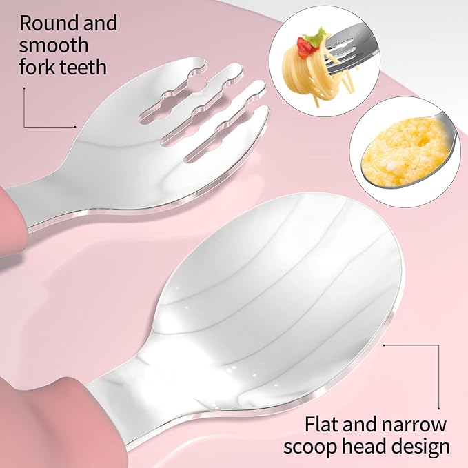 Deejoy Toddler Utensils, Toddler Spoons and Forks, Stainless Steel Spoon Toddler Silverware Set, Kids Silverware Self Feeding Flatware Set with Travel Safe Case for Kids (Pink)