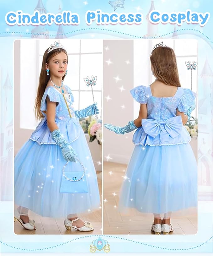 Princess Dress Up Clothes for Little Girls, Belle Costume Dress with Accessories for Birthday Party Cosplay Halloween