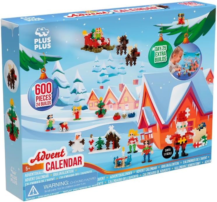 Plus Plus Christmas Advent Calendar 2024, 25 Kids Building Block Toys, Mini 3D Puzzle Kits, Fun Holiday Countdown Stem Gifts, 600 Pieces - Santa's Visit