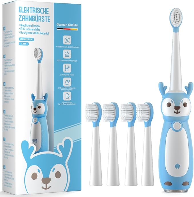 Sonic Rechargeable Kids Electric Toothbrush, 3 Modes with Memory, 35000 Strokes, IPX7 Waterproof,4 Soft Bristles Heads for Boys Girls Ages 3+ 4-7,Blue