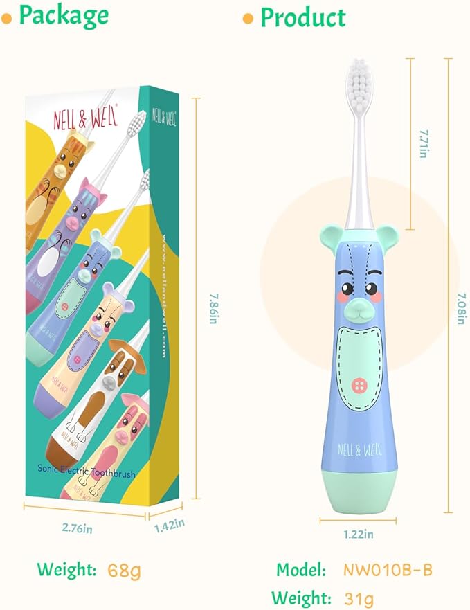 NELL&WELL Kids Electric Toothbrush, 2-Min Timer, 3 Modes with Memory, IPX 7 Waterproof, Battery Powered Kids Toothbrush with 3 Soft Bristles Heads for Children Boys and Girls Ages 3+