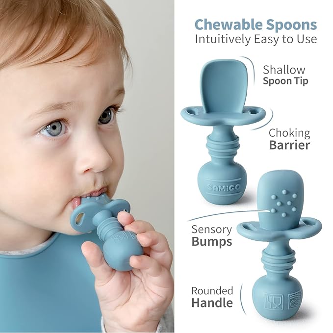 SAMiGO Silicone Baby Feeding Set, Baby Led Weaning Supplies, Suction Bowl Plate Bib Cup Self Feeding Spoons, Solid Food Eating Essentials, First Stage Utensils, 6+ Months