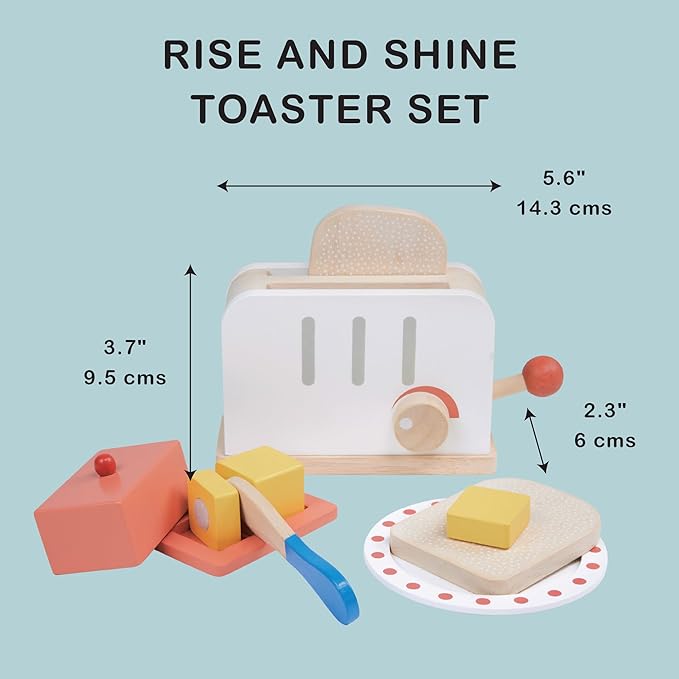 Mentari Toys - Rise and Shine Toaster Set - 10 Pcs Classic Wooden Pop Up Toaster Toy for Pretend Cooking - Develops Social, Creative & Imaginative Skills Learning Role Play - Age 3+