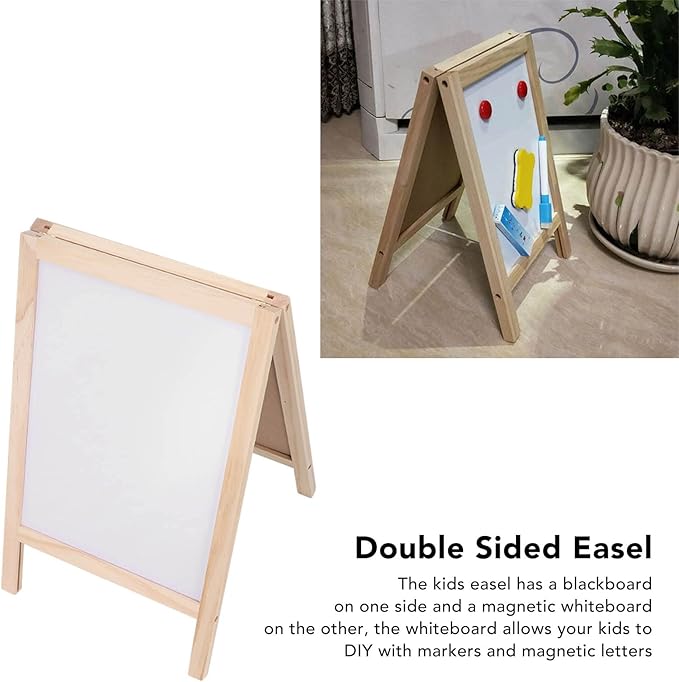 Poplar Wooden Kids Easel,25x40cm Double Sided Foldable Standing Blackboard Store Advertising Display Board with Blackboard Eraser Marker Pen Chalk Accessories