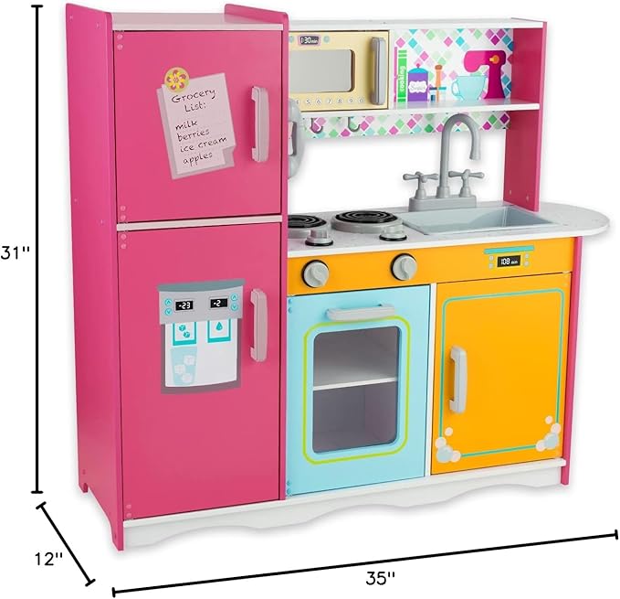 Kitchen Playset for Kids Ages 3-8, Wooden Pretend Play Kitchen for Toddlers, Including Telephone, Ice Maker, Refrigerator, Dimensions: 35” H x 31” W x 12” D (Multicolored)