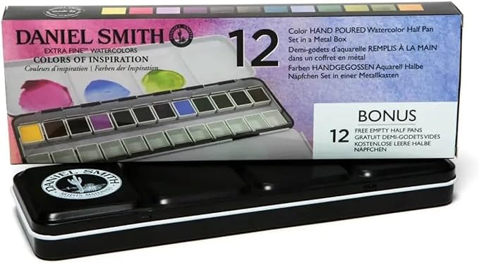 Daniel Smith 285650103 Extra Fine Inspirational Solid Watercolor Paint Set of 12 Half Pans, Metal Case and 12 Empty Containers