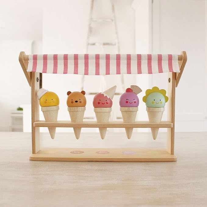 Tender Leaf Toys - Scoops and Smiles - Ice Cream Toy Shop with 5 Solid Wood Pretend Play Set for Kids, Play Food and Accessories, Encourage Role Play and Develops Social Skills - Age 3+