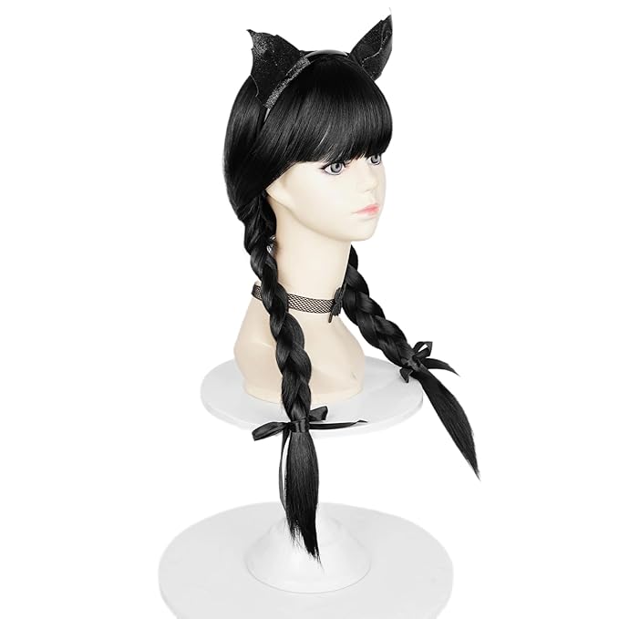 Probeauty Long Black Braided Wig for Kids Girls Cosplay Wigs with Devil Headband Necklace for Halloween Costume