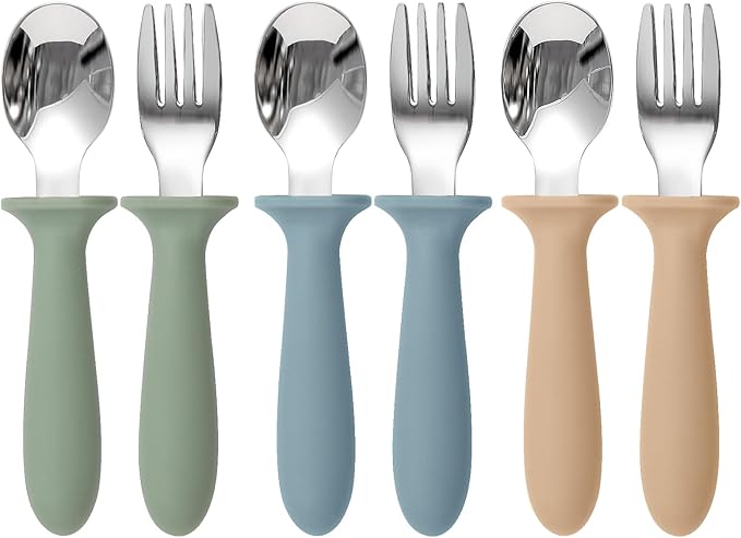 Toddler Utensils, 6 Pack kids Silverware Set with Silicone Handle, 18/8 Stainless Steel Children Safe Forks and Spoons, Dishwasher Safe