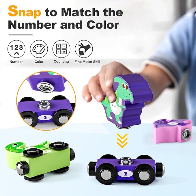 Magnetic Wooden Train Toys for 2 Year Old Boy Gifts, Snap Matching Dinosaur Toy Train for Toddlers 3-5, Dinosaur Toys for Kids 2-4 - Learning Montessori Toys for Toddler Boy Girl Birthday Gifts