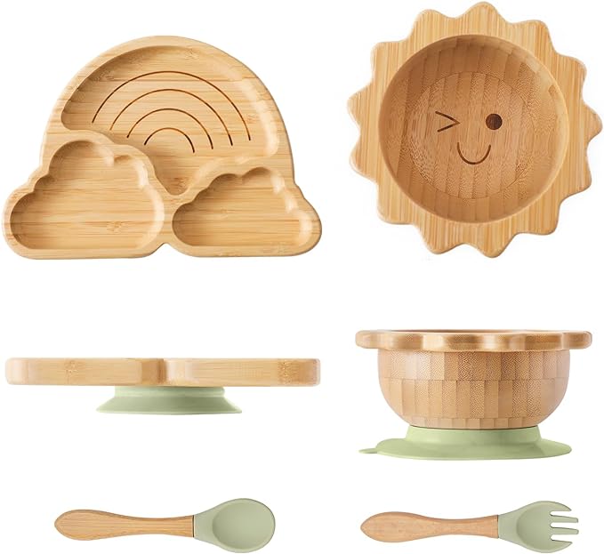 Bamboo Suction Plates Bowls Set for Baby Toddler Divided Platter Food bowl with Silicone Fork & Spoon All-Natural Baby Feeding Set for Baby-Led Weaning, Non-Slip Design