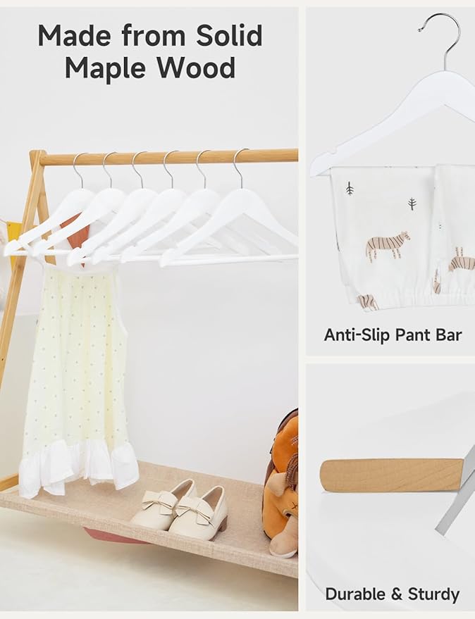 StorageWorks Baby Clothes Hangers, Kids Wooden Hangers with Pant Bar, 20-Pack Natural Wood Hangers for Toddler, Children's Coat Hangers for Closet, Solid Maple Wood Baby Hangers, White