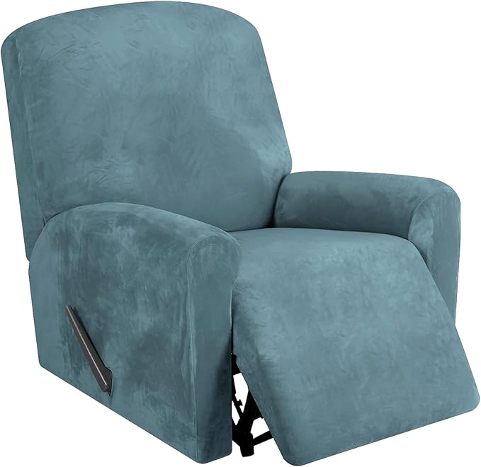 FestiCorp Recliner Chair Covers Real Velvet 4-Pieces Recliner Covers for Small Lazy Boy Recliner Chair Stretch Recliner Sofa Slipcovers Furniture Protector with Side Pocket&Elastic Bottom, Stone Blue