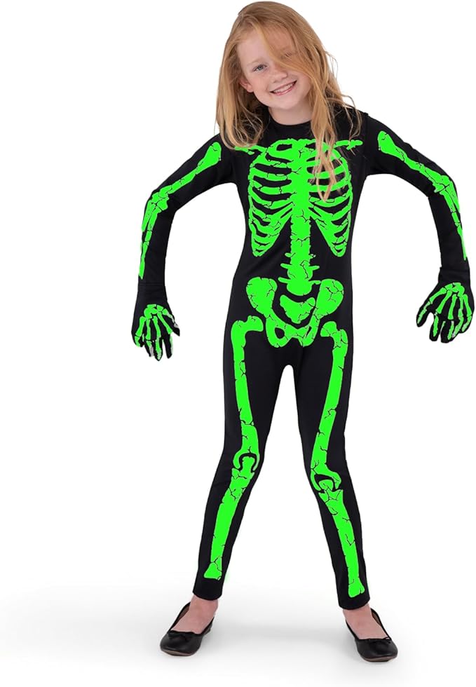 Spooktacular Creations Kids Halloween Skeleton Costume Glow-in-The-Dark for Girls, Toddlers Skeleton Jumpsuit for Cosplay