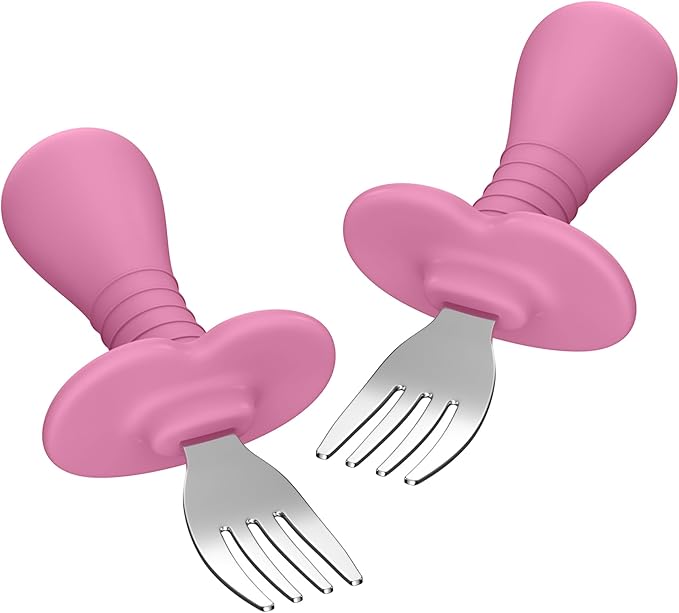 Baby Forks Toddler Forks for Self Feeding, Kids Forks with Silicone Round Handle, Stainless Steel Toddler Utensils Children Safe Silverware Set, Anti-Choke Design, BPA Free - Pink