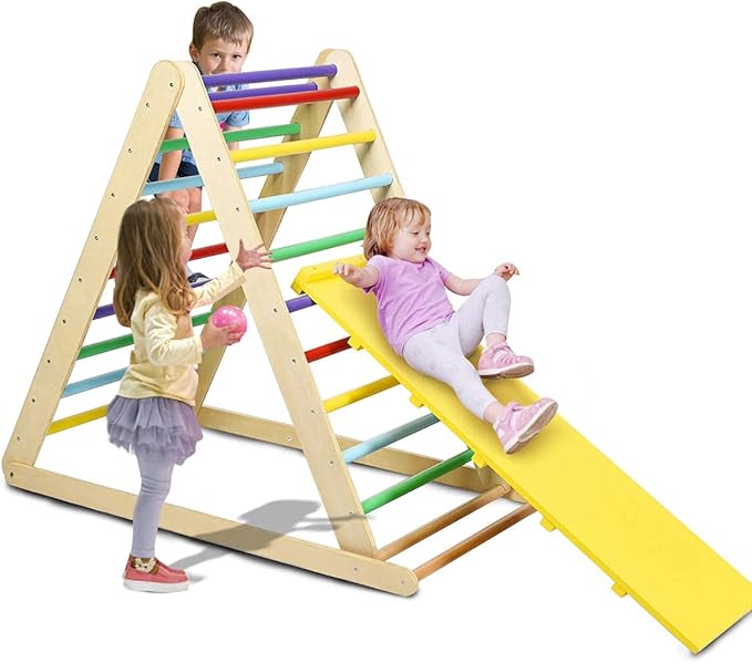 Costzon Foldable Climbing Toys for Toddlers, 3 in 1 Montessori Wooden Triangle Climber for Sliding & Climbing, Kids Indoor Climbers & Gym Play Structures for Boys Girls Gift Present