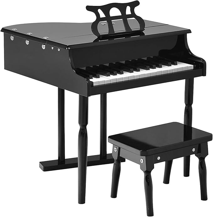 Goplus 30-Key Classical Kids Piano, Mini Grand Piano Wooden Learn-to-Play Musical Instrument Toy with Bench, Piano Lid, Music Rack, Gift for Boys Girls Aged 2+ Baby Tollder(3 Straight Leg-Black)