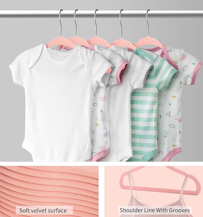 Velvet Baby Hangers 50 Pack, 11 Inch Kids Non Slip Hangers, Premium Childrens Hangers for Clothes, Space-Saving Nursery Hangers, Perfect Infant/Toddler Clothes Hangers for Daily Use(Pink)