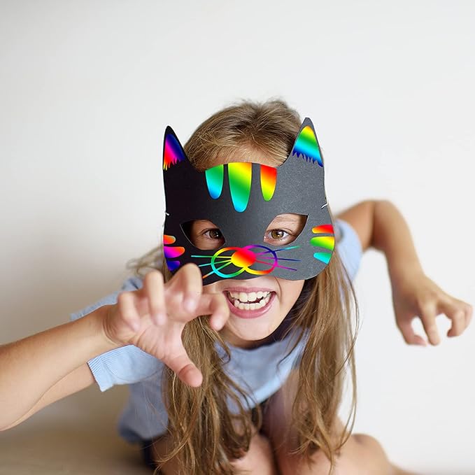 Winlyn 27 Sets Magic Scratch Off Art Rainbow Magic Scratch Paper Animal Masks Owl Rabbit Tiger Wolf Bear Squirrel Fox Bear Elephant Cutouts Face Kids Jungle Forest Animal Birthday Party Activities