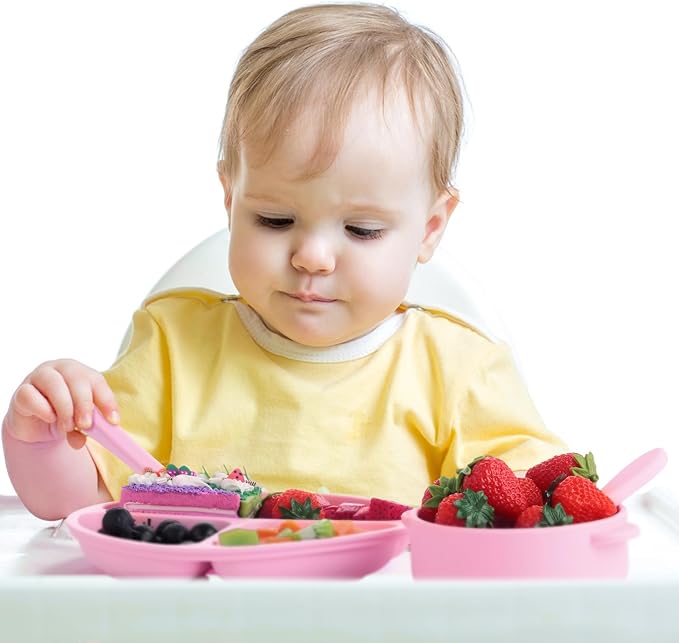 Dandat 24 Pcs Silicone Baby Feeding Set,6 Baby Toddler Suction Bowls 6 Divided Suction Plates with 6 Forks 6 Spoons, Utensils Set for Weaning Infant Feeding and Eating, 6 Styles(Light Color)