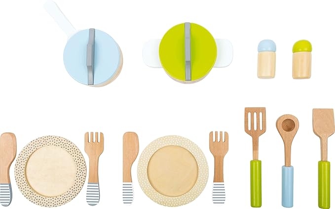small foot wooden toys- Premium 15 Piece Kitchen Playset- Cooking and Dining Set Includes Pots, Plates and Utensils- Ideal for Toddlers 2+, Multi, (11098)