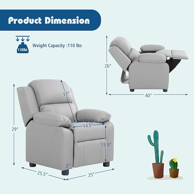 Kids Recliner, Leather Lounge Chair w/Footrest, Armrest, Headrest & Lumbar Support, Ergonomic Toddler Sofa Armchair for Boys Girls (Gray)