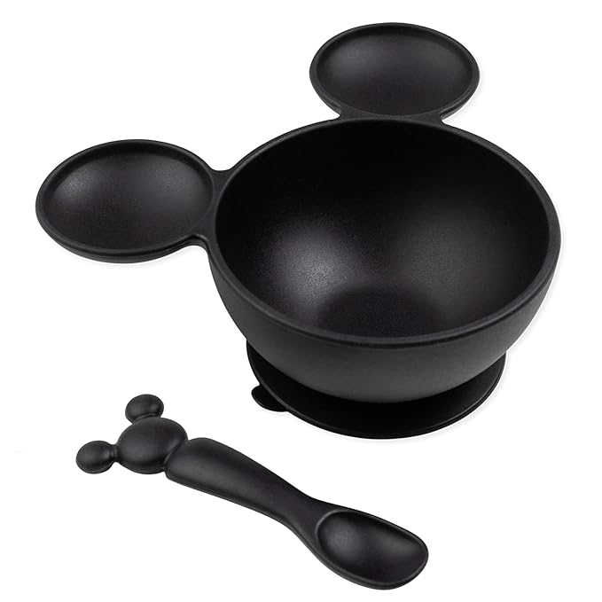 Bumkins Disney Baby Bowl, Silicone Feeding Set with Suction for Baby and Toddler, Includes Spoon, First Feeding Set, Essentials for Baby Led Weaning, Babies Eating 4 Months Up, Mickey Mouse Black