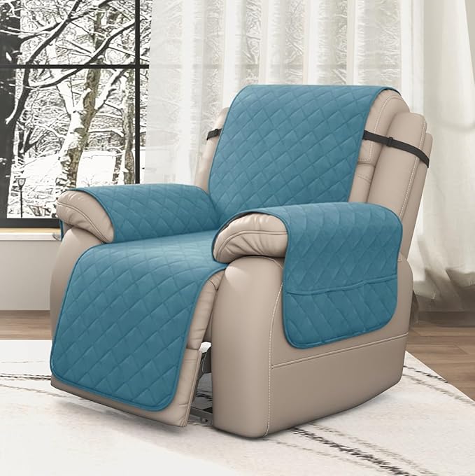 CHUN YI Recliner Chair Cover, Non-Slip Recliner Covers That Stay in Place, Washable Lazy Boy Recliner Covers with Pockets, Water Resistant Recliner Slipcover for Pets (Blue, Small Recliner)