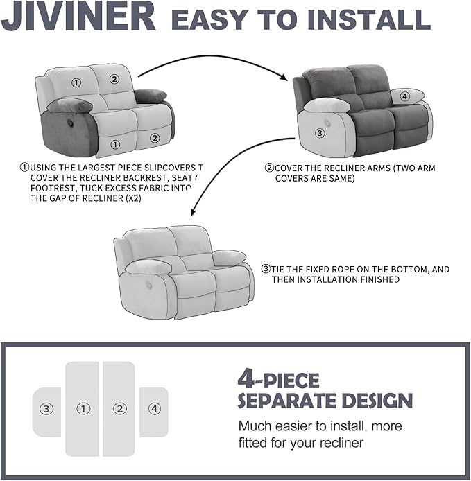 JIVINER Loveseat Recliner Covers, Jacquard 4 Piece Recliner Sofa Cover with Pockets Washable Lazy Boy Reclining Couch Protector with Elastic Bottom (Recliner Loveseat, Dark Gray)