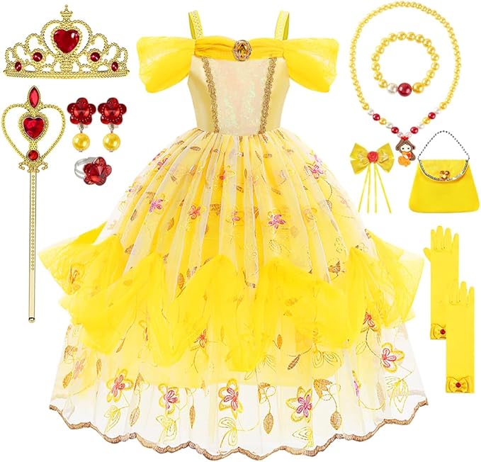 Princess Dress Up Clothes for Little Girls, Belle Costume Dress with Accessories for Birthday Party Cosplay Halloween